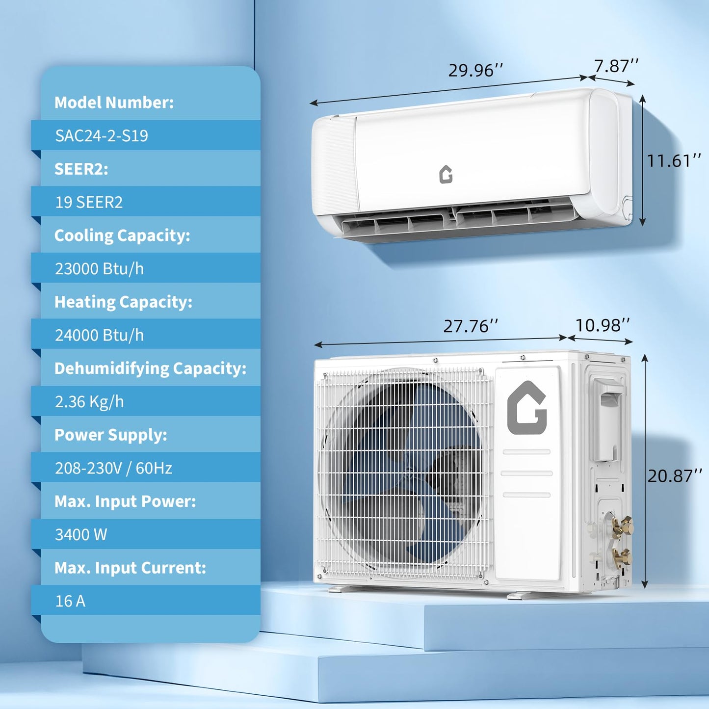 Energy-Efficient 24,000 BTU Mini Split Central Air Conditioner & Heater – 19 SEER, 230V Ductless Inverter, WiFi & Alexa Compatible, Quiet Cooling/Heating for up to 1,500 Sq.Ft, Remote Control,