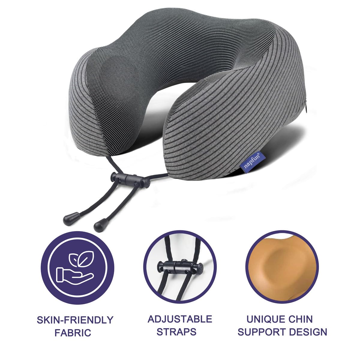 napfun Neck Pillow for Traveling, Upgraded Travel Neck Pillow for Airplane 100% Pure Memory Foam Travel Pillow for Flight Headrest Sleep, Portable Plane Accessories, Light Grey