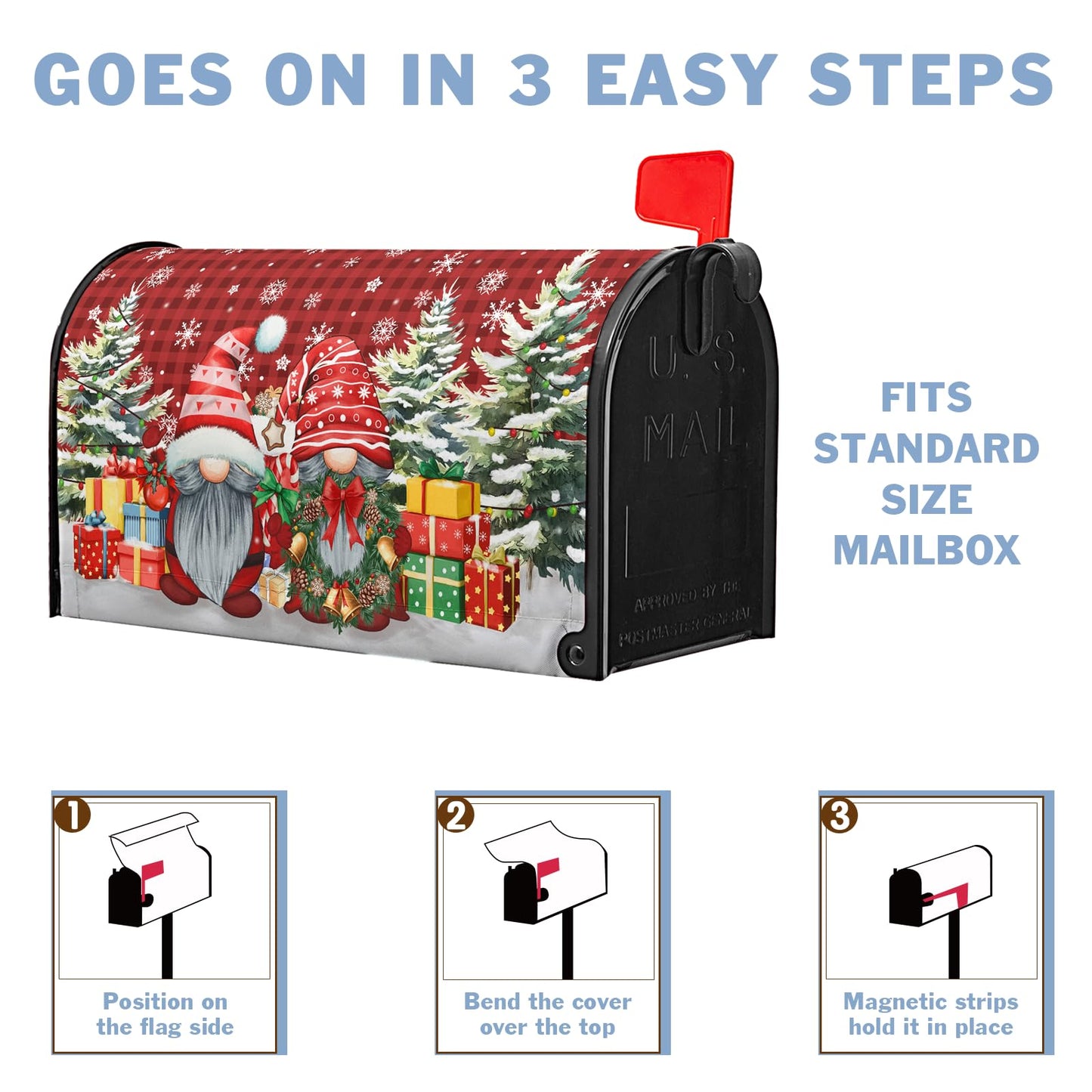Christmas Winter Gnomes Mailbox Covers Magnetic Buffalo Plaid Xmas Gift Winter Tree Snowflake Mailbox Cover 21" X 18" Waterproof Mail Box Covers Magnetic Standard Size for Yard Home Decor