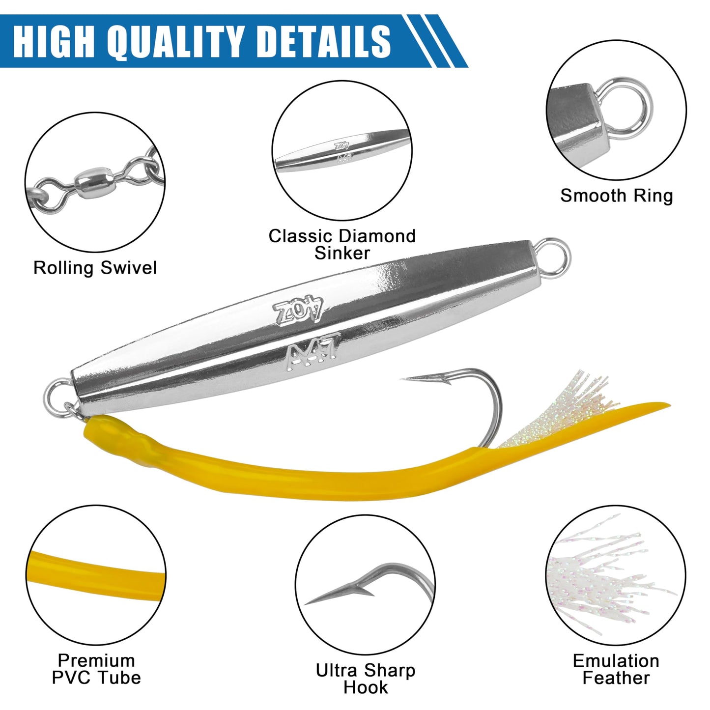 Diamond Jig Saltwater Fishing Lures Casting Jigging Spoon with Tube Tail Stainless Steel Hooks Trolling Lures Striped Bass Metal Jig for Deep Sea Surf Fishing Bottom Dragging Sinking