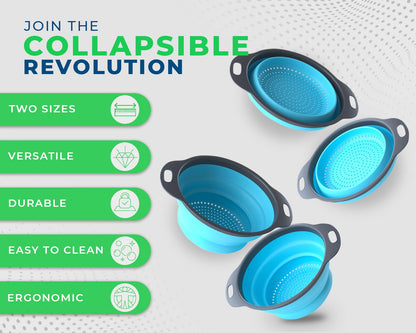 Ultimate Kitchen Strainers Set of 2 - Collapsible Silicone Colanders For Easy Storage by Comfify - Use with Pasta & Veggies or as a Fruit or Berry Bowl with Strainer - Irreplaceable for Campers - Blue