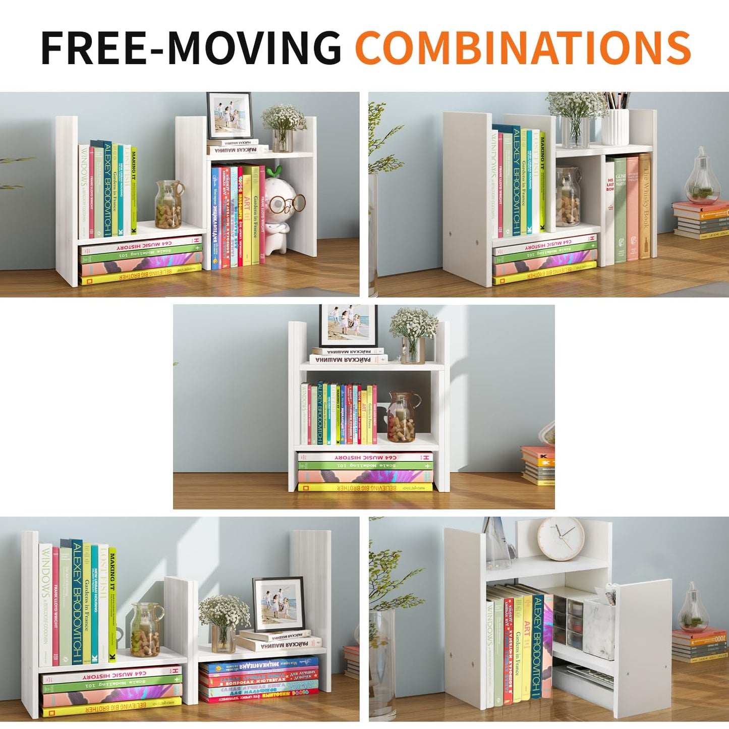 YSJILIDE Wood Adjustable Small Desktop Bookshelf, Expandable Storage Organizer, Organizer Office Storage Rack, Display Shelf Rack, Office Supplies Desk Organizer(White)
