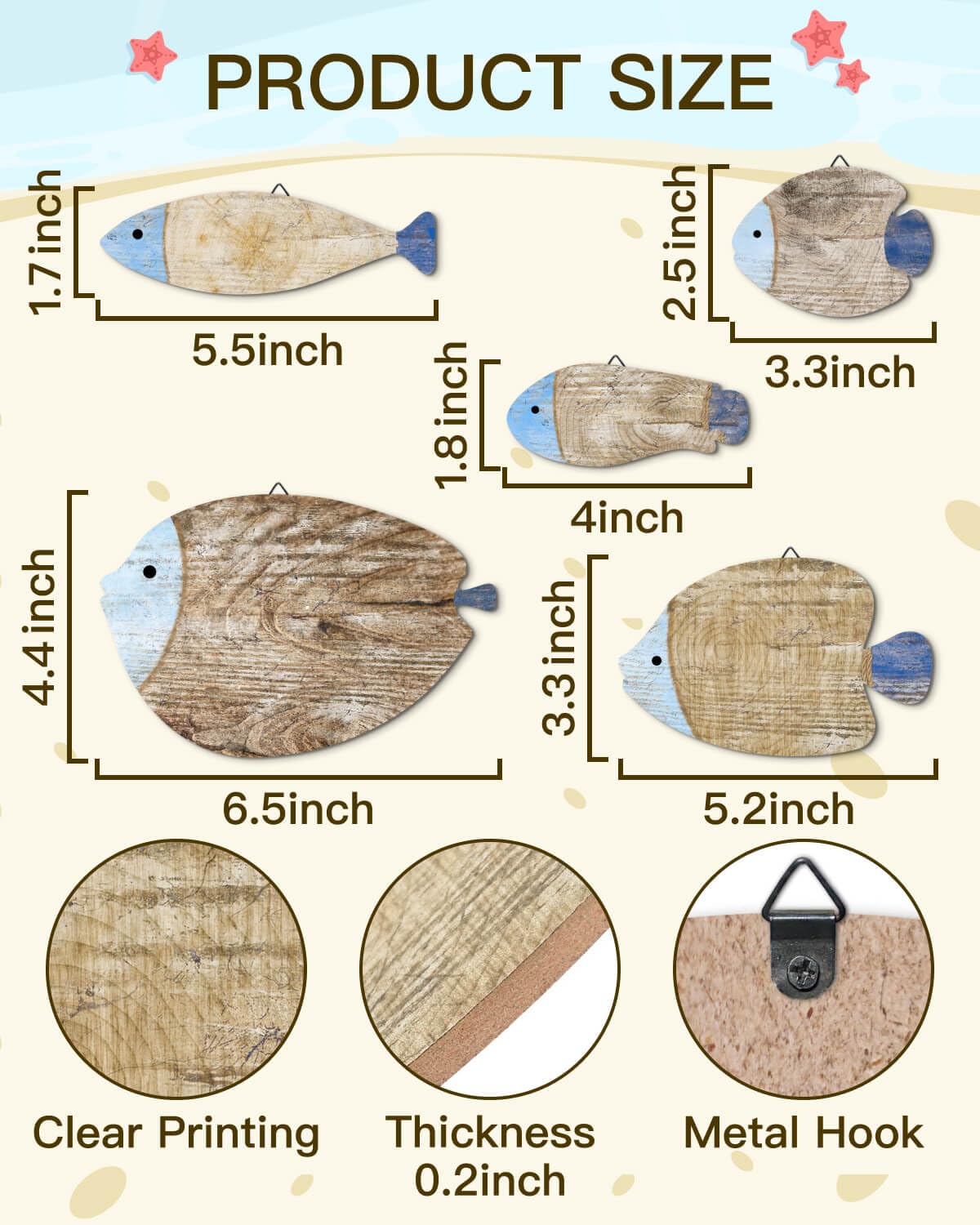 Putuo Decor 5 Pcs Rustic Weathered Wood Fish Wall Art Beach Nautical Wall Hanging Decor Ocean Fish Wall Sculpture for Home Bathroom Bedroom Lake House