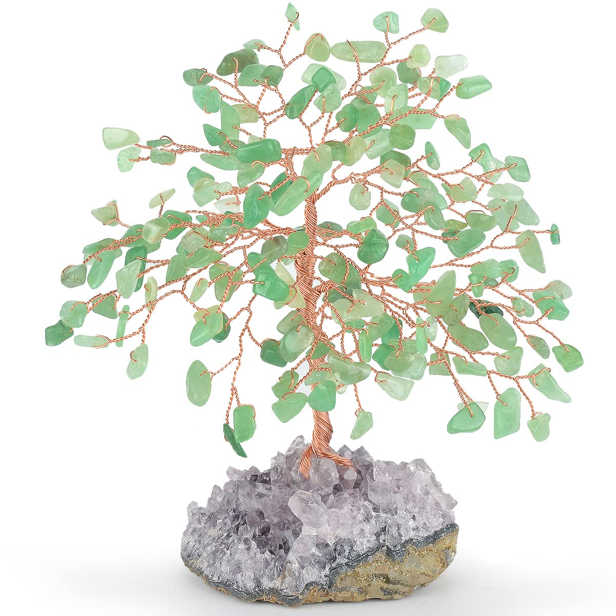 MASGEMES Gemstone Crystal Tree of Life,Natural Green Aventurine with Amethyst Cluster Base,Feng Shui Gift Bonsai Money Tree,Home Decor for Luck and Wealth 5.5"-6.3"