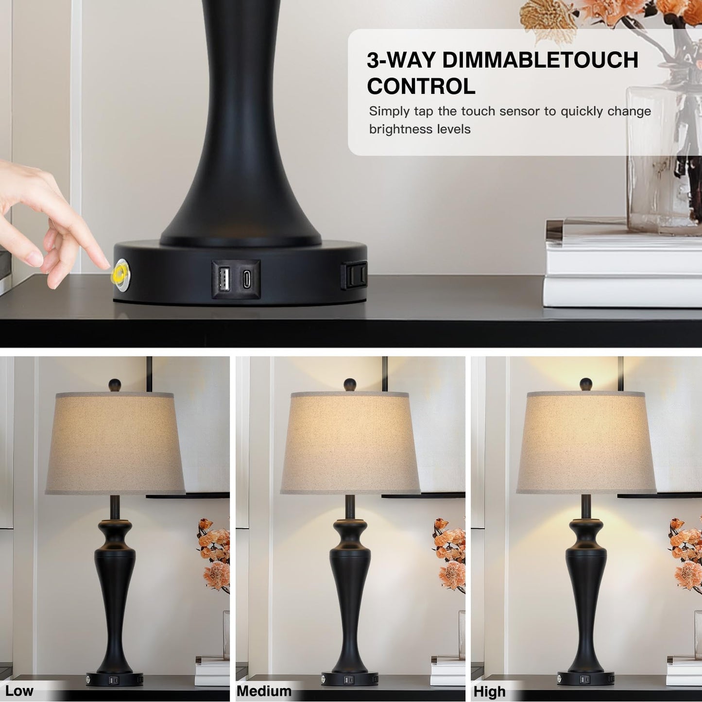 CINSARY 30“ Black Table Lamps for Living Room, 3-Way Dimmable Touch Control Lamp with USB A+C Ports and AC Outlet, Tall Bedside Lamps Set of 2, Metal Bedroom Lamp for Nightstand, 2 Bulbs Included