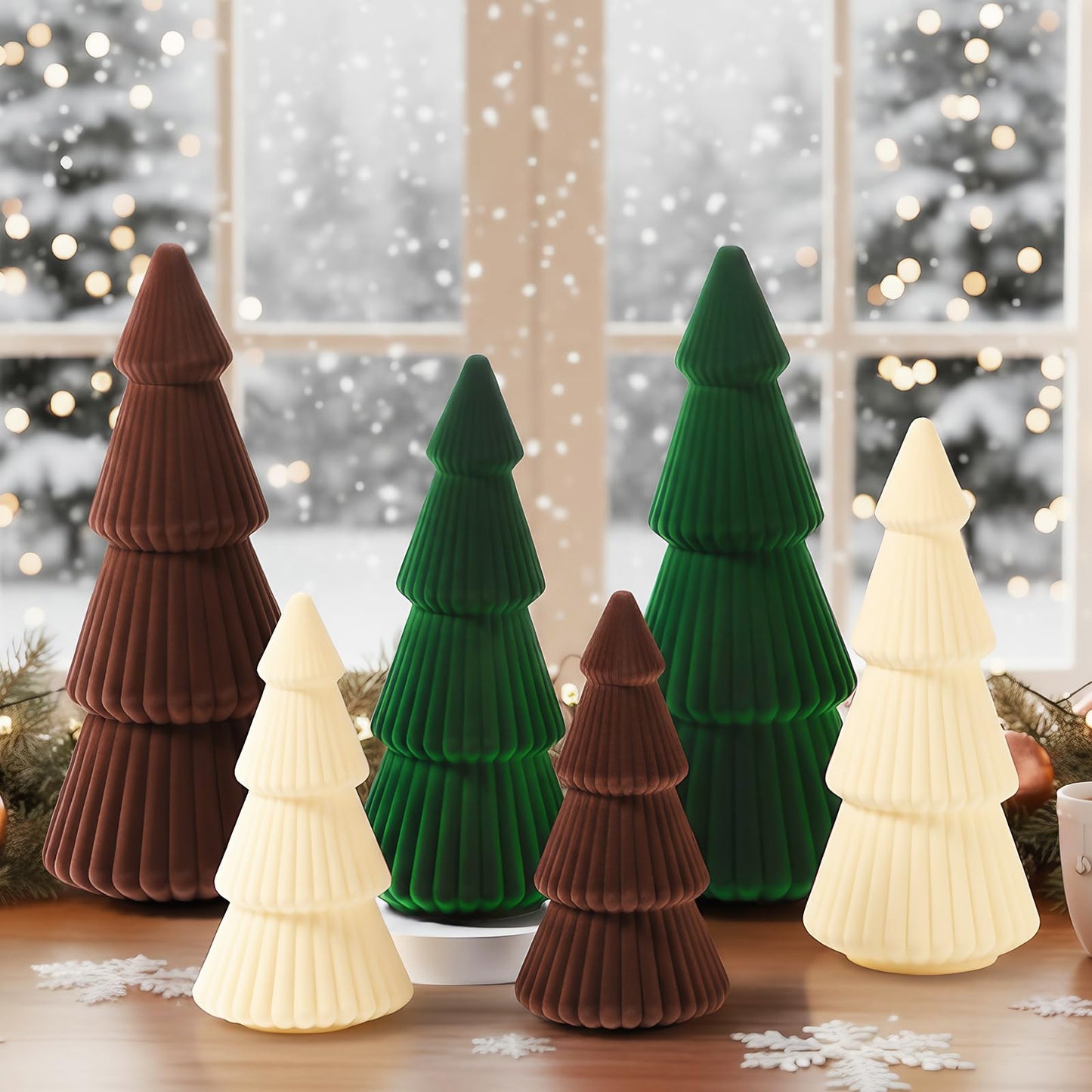 Thyle 6 Piece Brown Christmas Ornaments Velvet Christmas Tree, Cone-Shaped Indoor Xmas Decoration Centerpieces for Table Shelves, Living Room Home, Cabinet Mantel Decorations