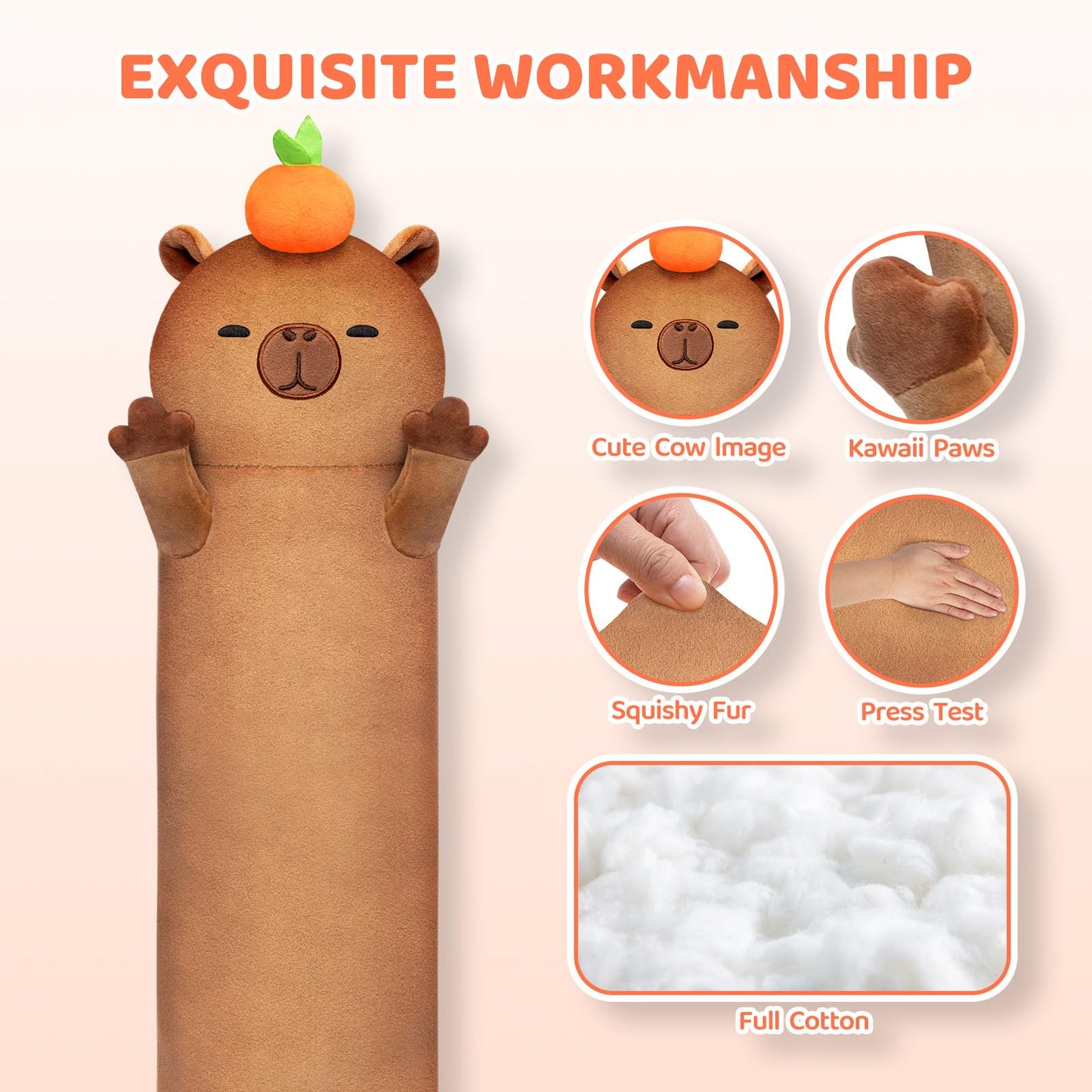 Mewaii 20in Long Plush Capybara Body Pillow, Cute Capybara Stuffed Animals Soft Plushies, Squishy Big Cuddle Pillow Toys Gift for Girls