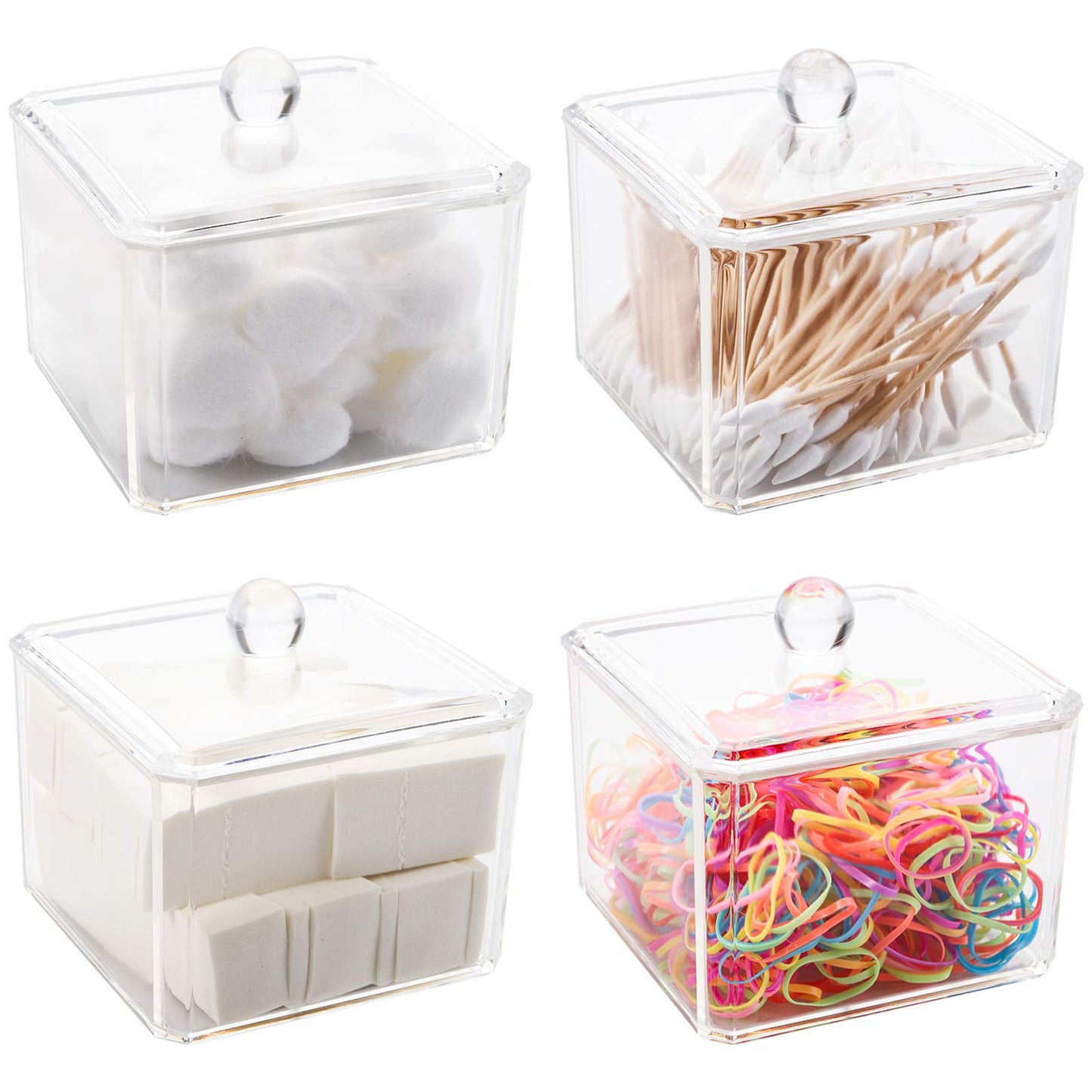 Hedume 4 Pack Swabs Dispenser Holder, 15 Oz Clear Acrylic Canister Set, Modern Square Bathroom Vanity Countertop Storage Organizer for Cotton Ball, Cotton Swab, Cottons Rounds, Bath Salts
