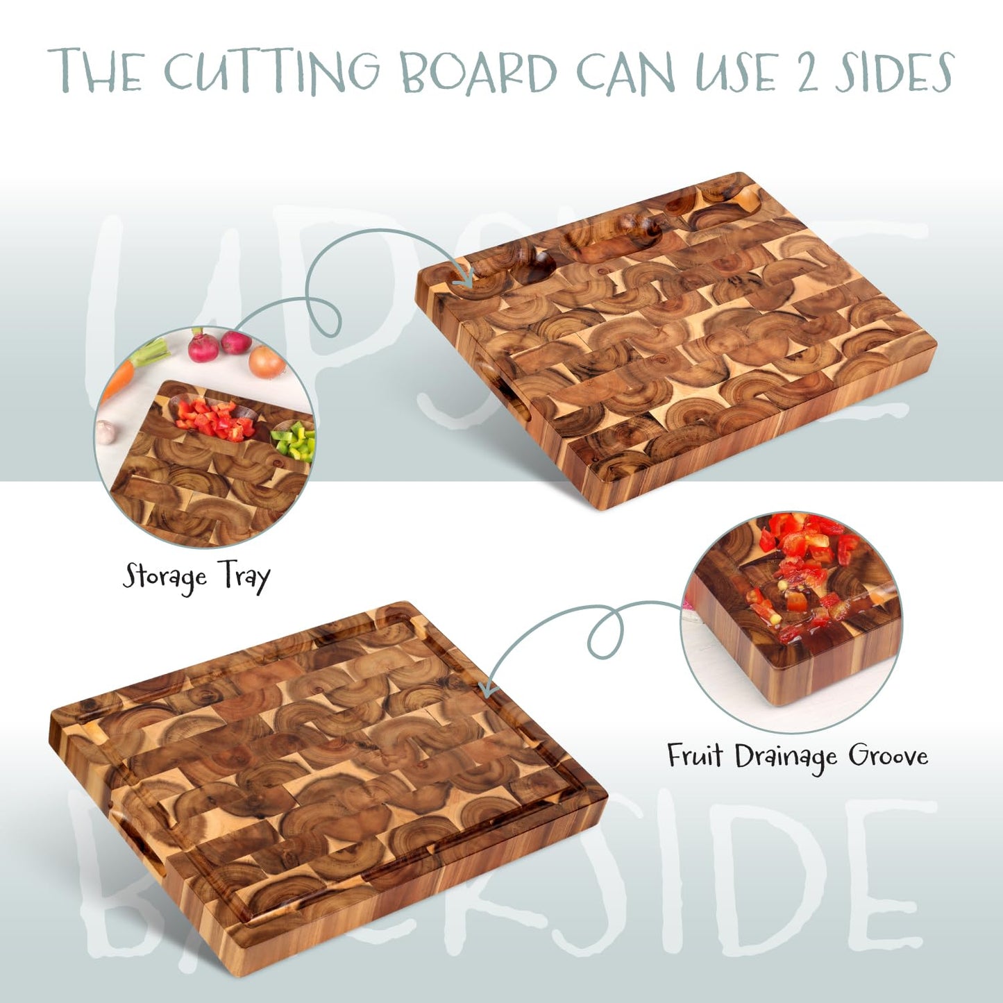 XL Acacia End Grain Wood Cutting Board (20x15x1.5in) Acacia Wooden Cutting Board, Butcher Block, Chopping Board - Reversible Multipurpose For Kitchen with Juice Groove, Cracker Holder & Inner Handles.