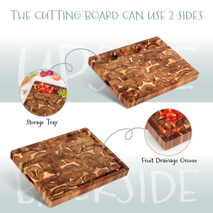 XL Acacia End Grain Wood Cutting Board (20x15x1.5in) Acacia Wooden Cutting Board, Butcher Block, Chopping Board - Reversible Multipurpose For Kitchen with Juice Groove, Cracker Holder & Inner Handles.