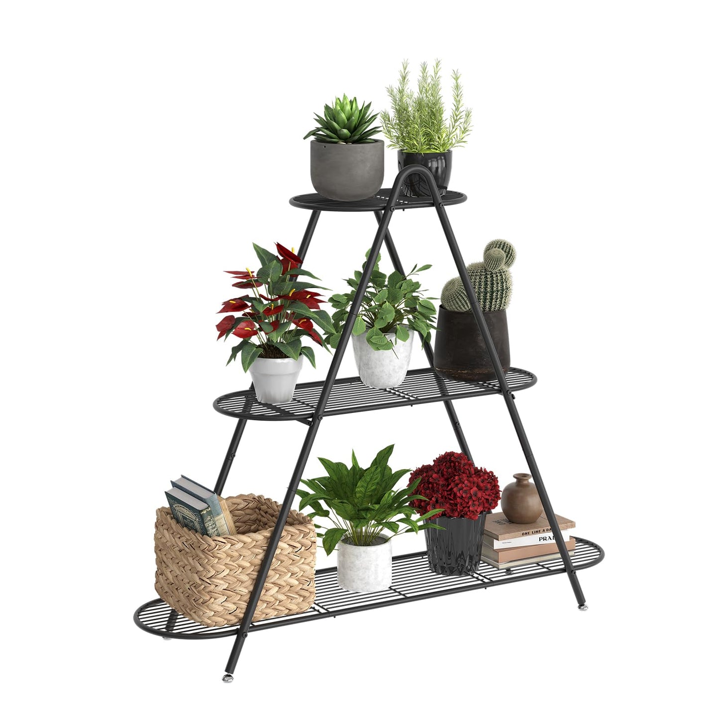 Furshus Plant Stand for Patio, 3-Tier Metal Plant Shelf–Indoor/Outdoor Display Rack for Multiple Pots, Heavy Duty Plants, Garden Flower Organizer (Black)