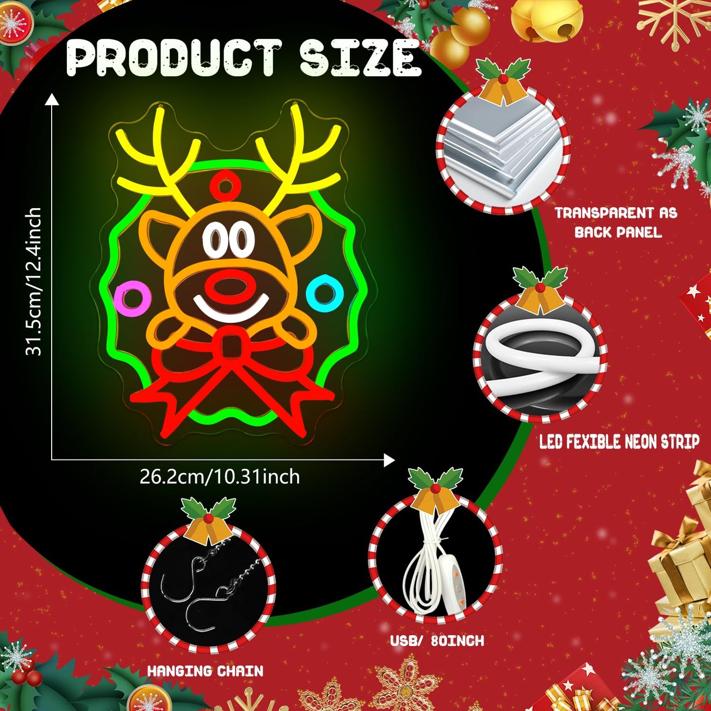 Christmas Neon Sign Wreath Elk Neon Sign for Wall Decor Deer Led Neon Christmas Lights Dimmable Reindeer Light Up Signs for Window Wall Art for Bedroom Festival Xmas Party Home Decoration Gift