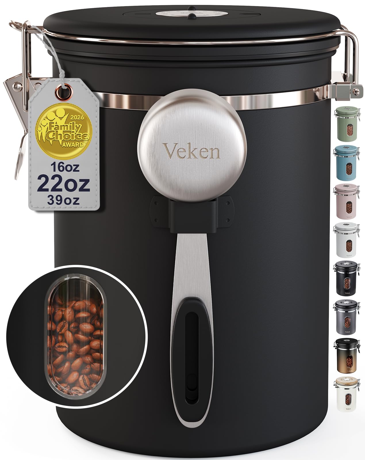 Veken Coffee Canister with Window,Airtight Stainless Steel Pantry Container,Kitchen Food Storage Organizers for Beans,Ground,Espresso,Rice,Tea,Sugar, Cereal, Bar Accessories,Gifts,Lids,Jars,22OZ,Black