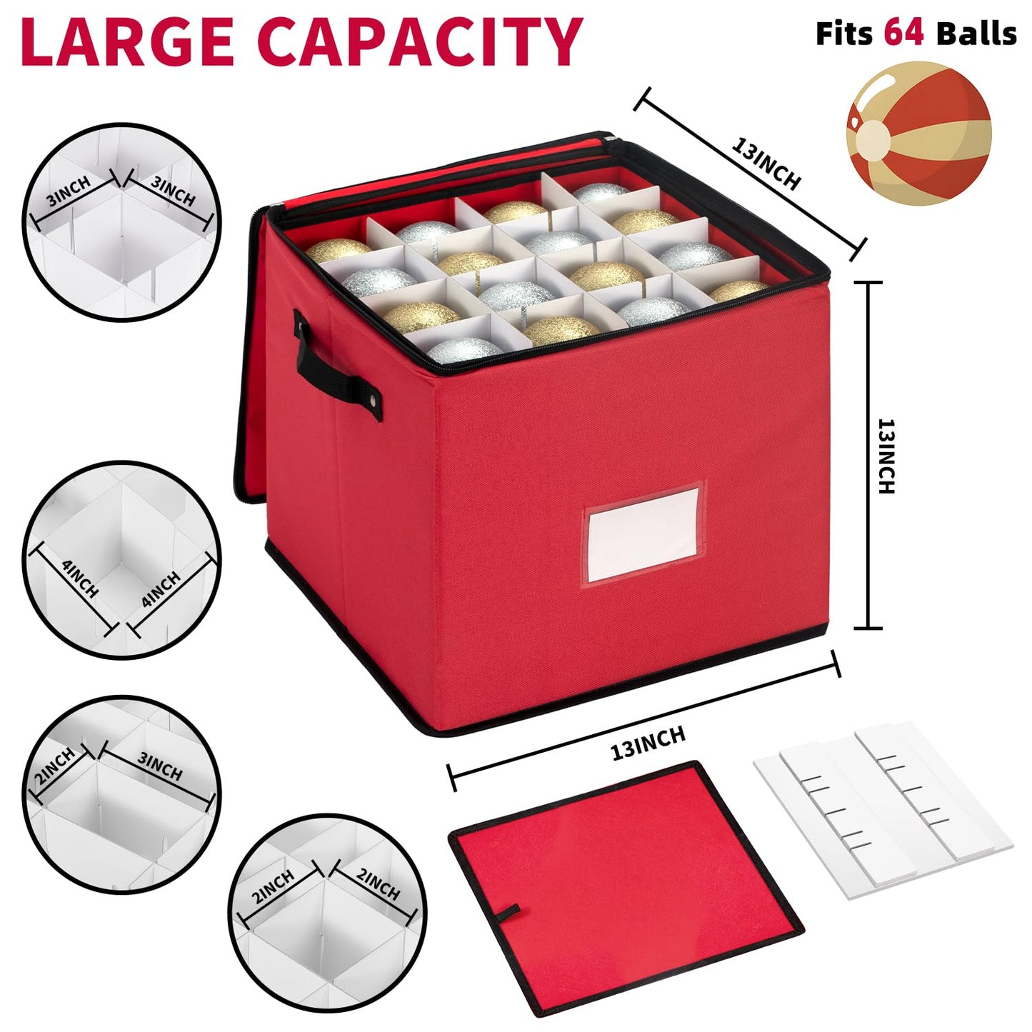 DIMESHY Christmas Ornament Storage Box With Adjustable Dividers,Ornament Storage Container With 4 Removable Trays for 64 Holiday Decorations,Red