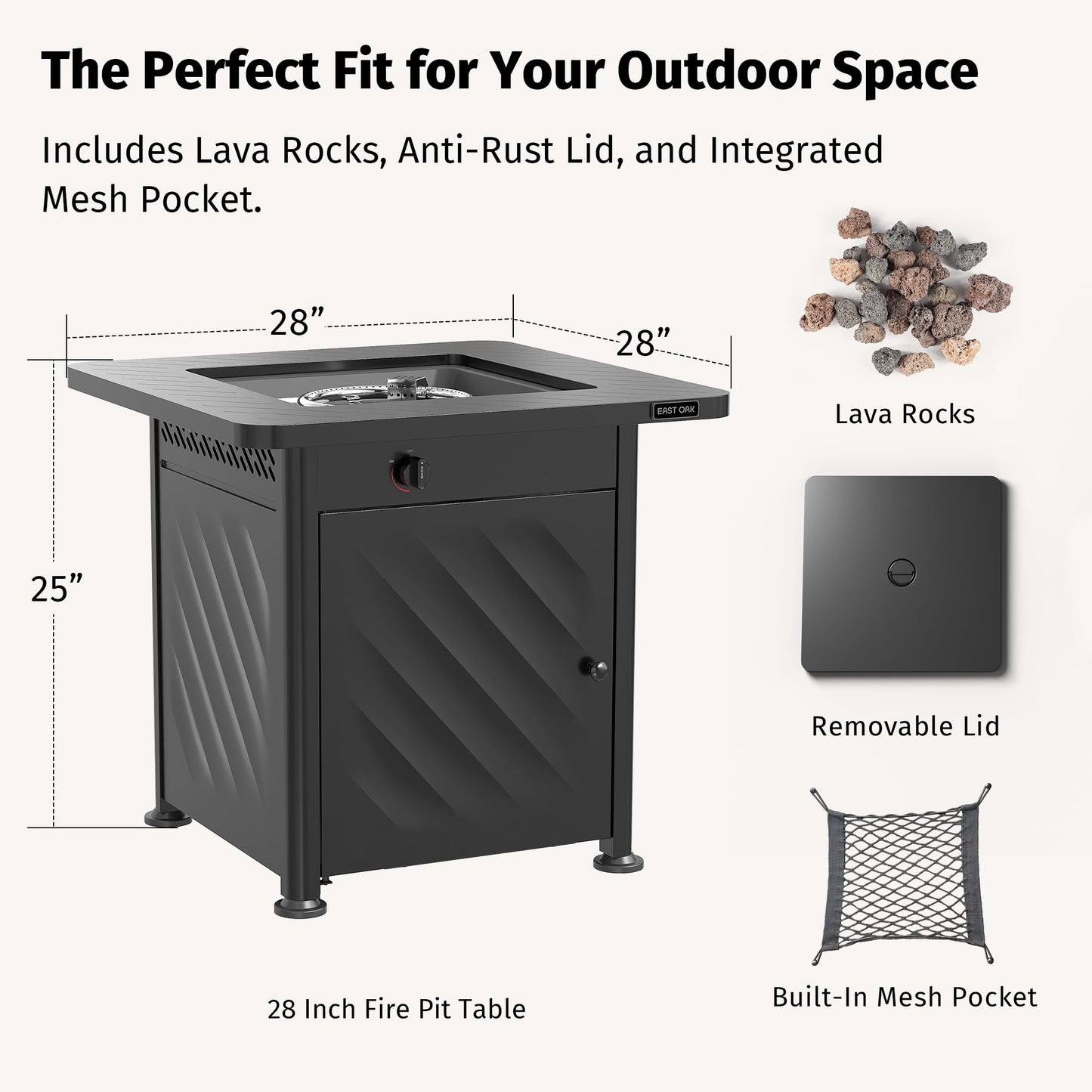 East Oak 28” Outdoor Propane Fire Pit Table | 52,000 BTU Gas Fire Pit for 2-4 People with Space-Saving Hock Lid, Mesh Pocket & Lava Rocks | CSA Certified Safe for Patio, Deck, Backyard, Black