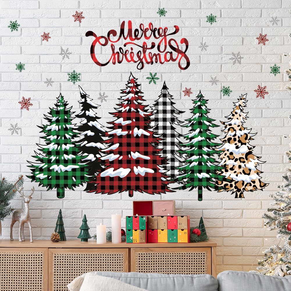 Merry Christmas Wall Decal Buffalo Checkered Christmas Tree Wall Stickers Winter Snowflake Window Clings for Xmas Holiday Festival Party Supplies