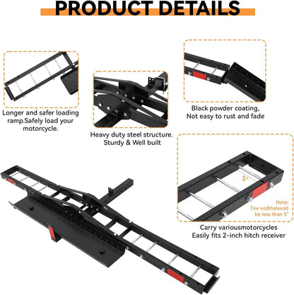 Garvee Motorcycle Trailer Carrier with Loading Ramp, 600 LBS Weight Capacity, Heavy-Duty Iron & Aluminum Construction, Includes 4 Straps, Black Motorcycle Transport Hitch Platform, Black