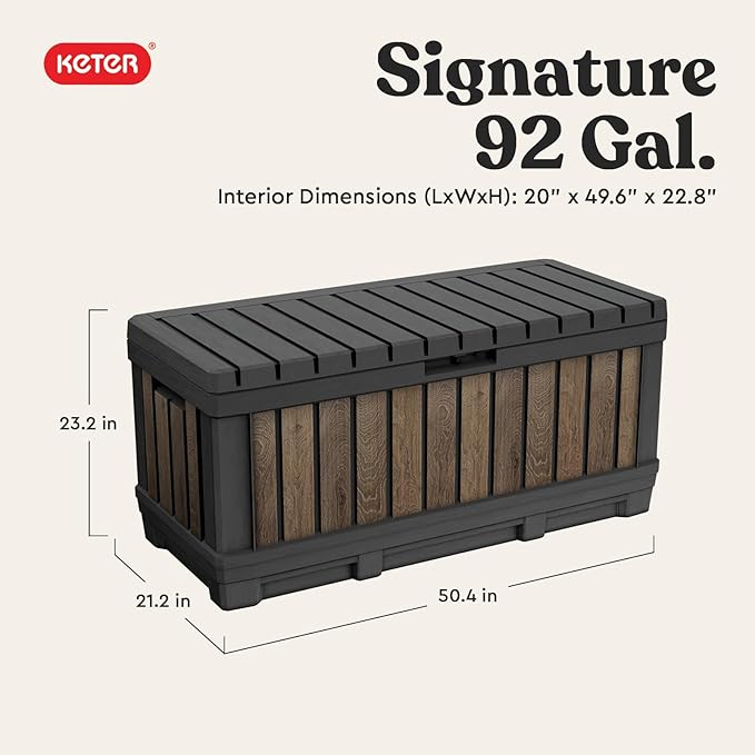 Keter Signature Collection 92 Gallon Resin Deck Box Organization and Storage Box for Patio Outdoor Cushions, Throw Pillows, Garden Tools and Pool Supplies, Walnut