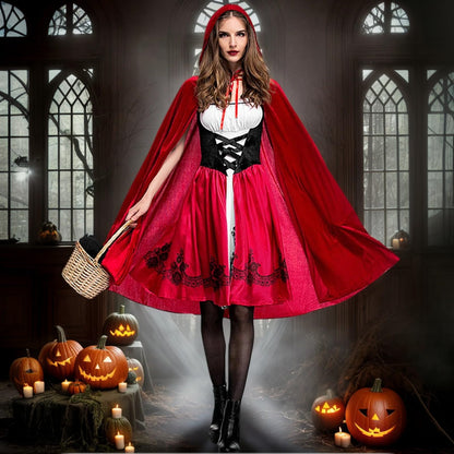 Colorful House Red Little Riding Hood Costume For Women, Christmas Halloween Party Dress with Cape Adult Role-Playing(X-Large)