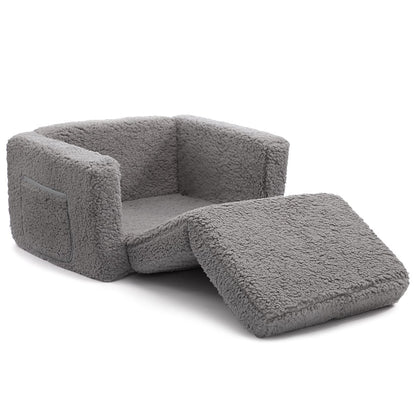BEJOY Kids Sofa Bed 2-in-1 Flip Out Cuddly Sherpa Toddler Couch Convertible Chair to Lounger Children Sofa Bed Children's Day and Birthday Gift for Girls Boys, Grey