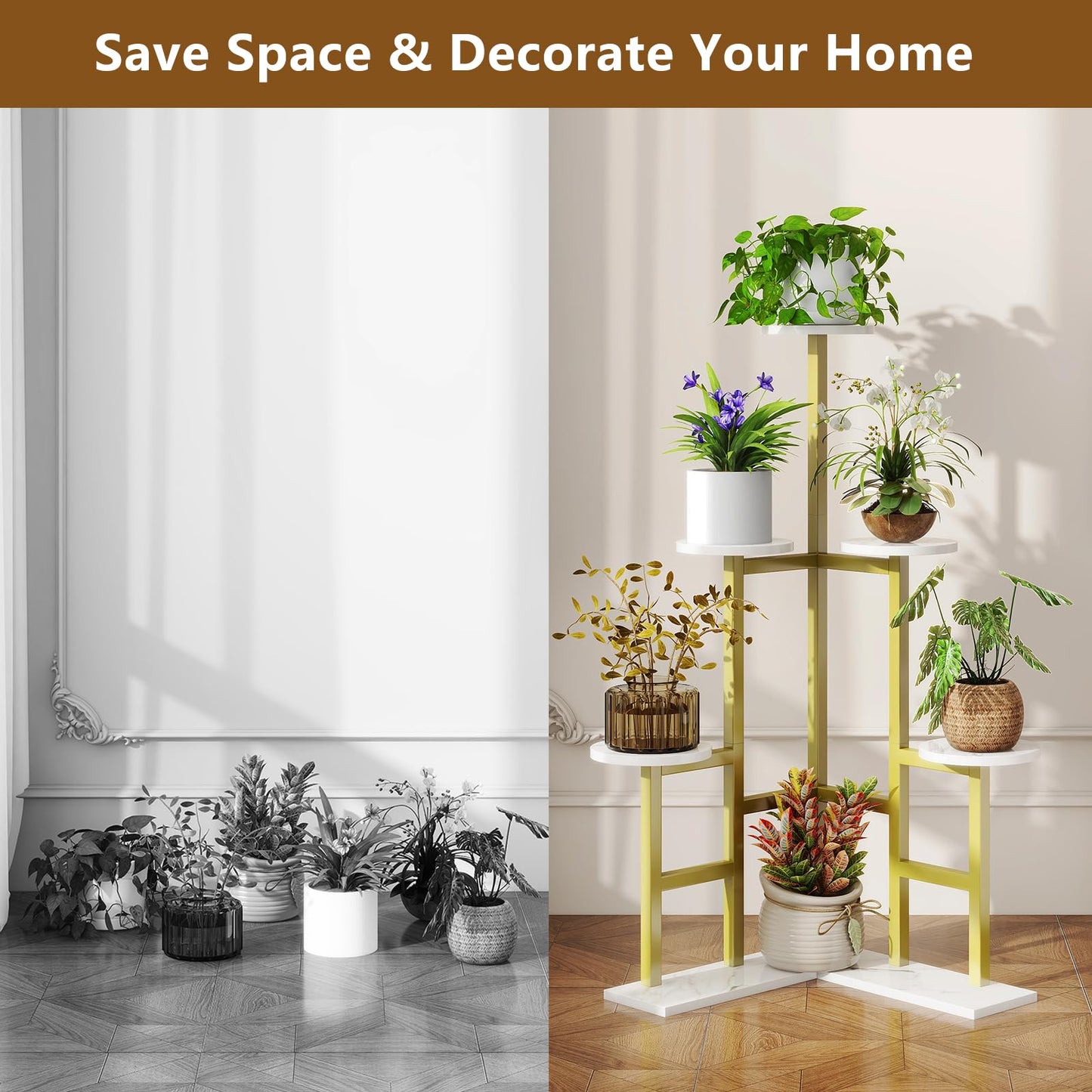 IBUYKE 6 Tier Plant Stand Indoor, Tall Flower Pot Stand for Multiple Plants, Tiered Corner Plant Shelf for Living Room Patio Balcony Garden, , Gold TMJ072G