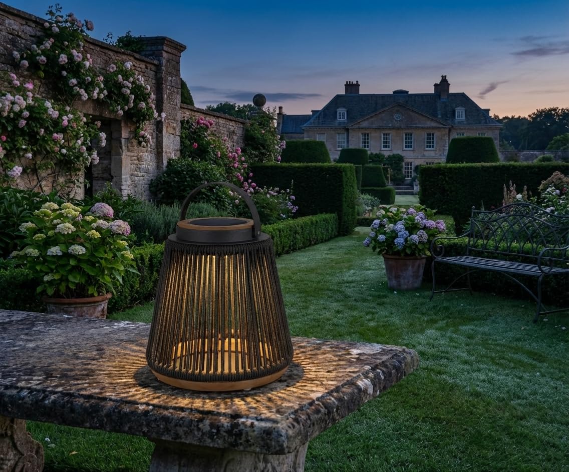 Teak Solar Lantern Outdoor, Solar & USB Rechargeable Floor Lamp, Woven Rope Modern Table Light, 3-Level Dimmable Waterproof Decor for Patio, Garden & Yard (Sicily Black Small)