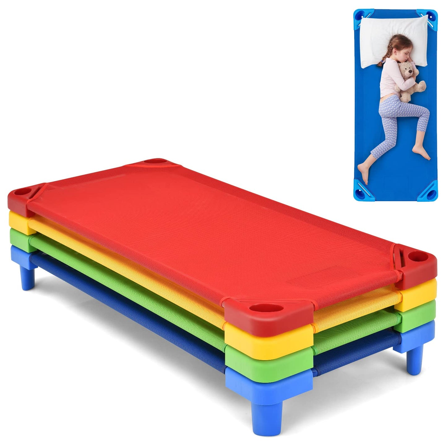 KOTEK Toddler Naptime Cot, Stackable Daycare Sleeping Cot for Kids, 51" L x 23" W, Ready-to-Assemble, Space-Saving Kids Nap Cots for Children Classroom Preschool (Set of 4, Multicolor)