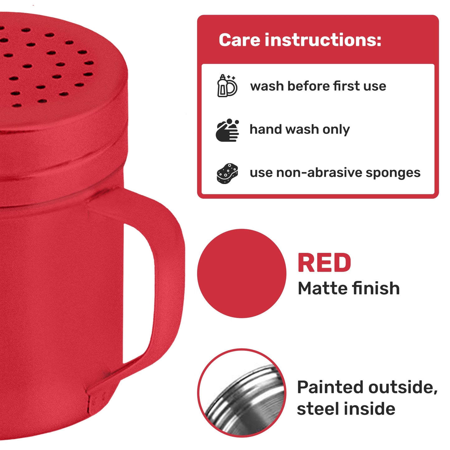 CUSINIUM 10oz Red Stainless Steel Salt Pepper Dredge Shakers - With Plastic Cap - With Handle - Pack of 2