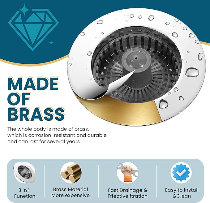 3-in-1 Kitchen Sink Strainer & Stopper, Stainless Steel Finish Pop Up Drain