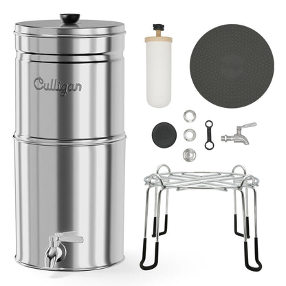 Culligan MaxClear 2.25 Gallon Gravity Water Filter System, Polished Stainless-Steel Countertop Water Filter NSF/ANSI Certified to Reduce Microplastics, Lead & Total PFAS, with 1 Ceramic Filter