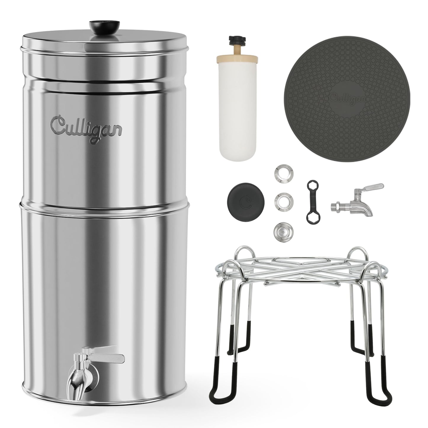 Culligan MaxClear 2.25 Gallon Gravity Water Filter System Removes Microplastics, PFAS & Lead, NSF/ANSI Certified, Polished Stainless-Steel Countertop Filter with 4 Ceramic Filters