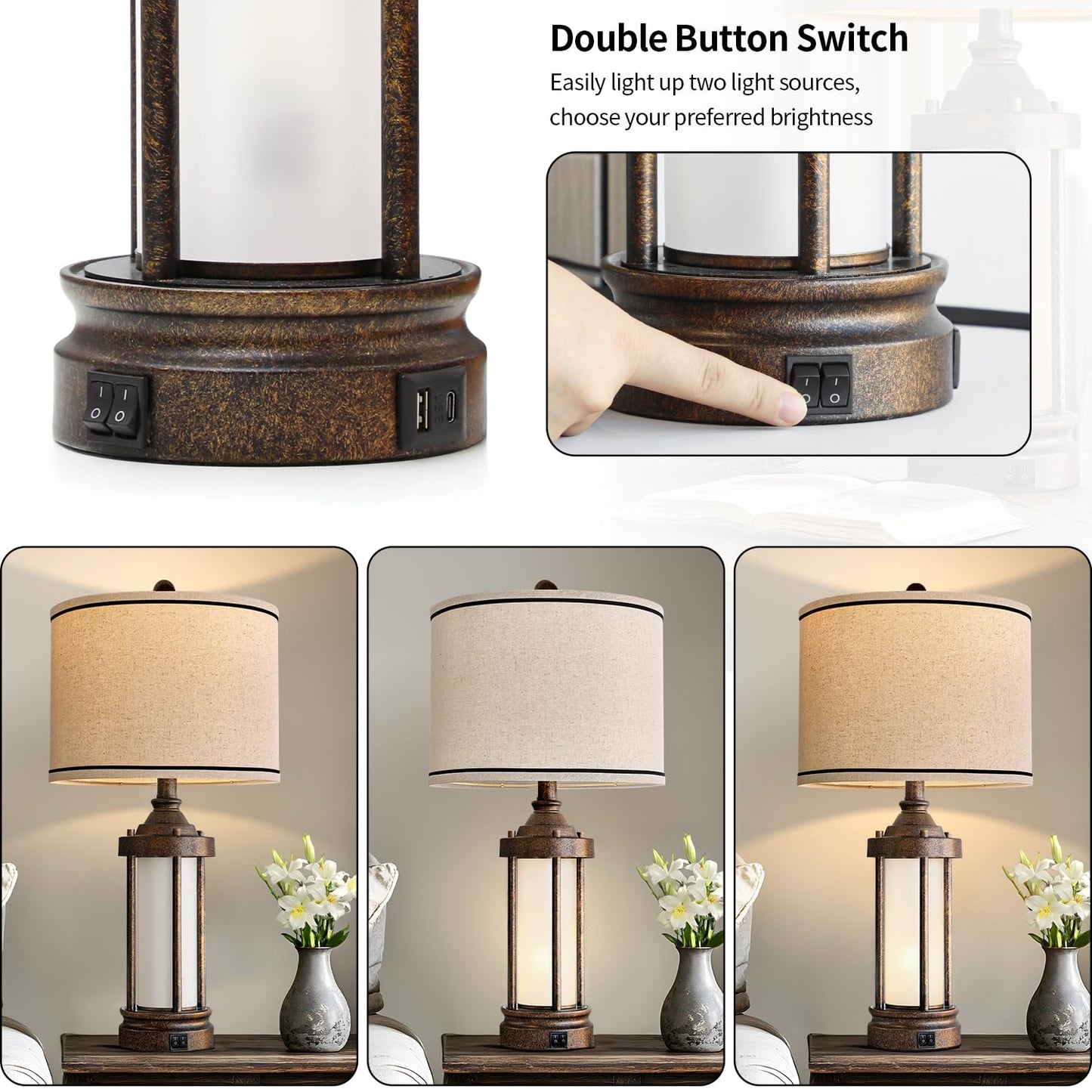 25'' Table Lamps Set of 2 for Living Room Bedroom Farmhouse Metal Lamps with 2 USB Ports, Built-In Frosted Glass Night Light Vintage Industrial Nightstand Bedside Lamp, 4 Bulbs Included, Bronze