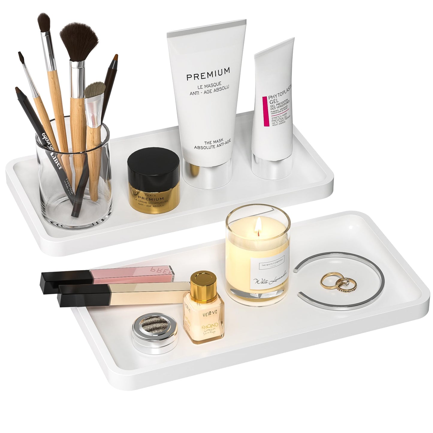 Weenson Bathroom Vanity Trays for Countertop Toiletries Decor Candle Perfume Makeup, Kitchen Tray for Soap Dispenser Spice Salt Oil, White Tray for Toilet Tank Coffee Nightstand Set of 2