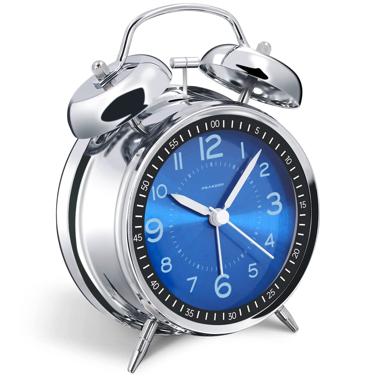 Peakeep Loud Alarm Clock for Heavy Sleepers Adults, Metal 4.5 Inches Twin Bell Battery Operated Analog Alarm Clocks for Bedrooms Decoration (Jewel Blue)