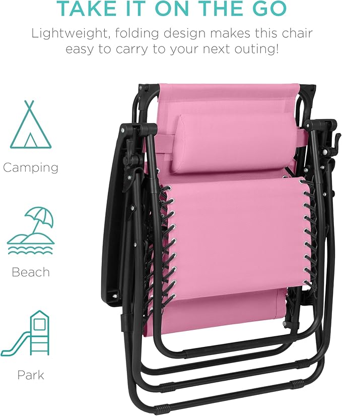 Best Choice Products 30” Wide Folding Zero Gravity Outdoor Recliner Patio Lounge Chair w/Adjustable Canopy Shade, Headrest, Side Accessory Tray - Carnation