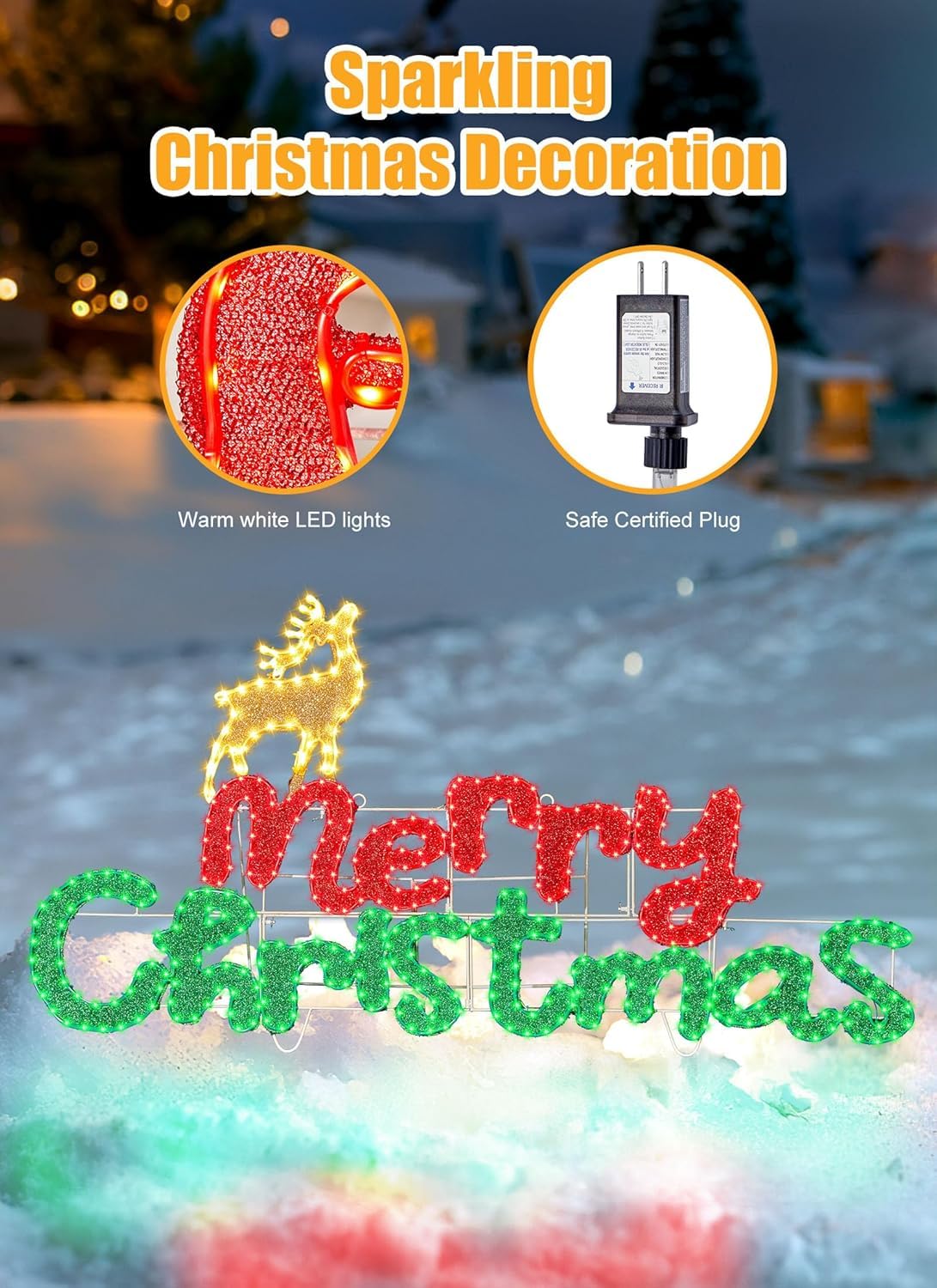 Brightown 4.9FT Merry Christmas Sign Decoration Outdoor, Lighted Merry Christmas Sign with Reindeer, Xmas Neon Lighted Sign for Outside Indoor Front Door Window Wall Hanging Lighted Holiday Displays