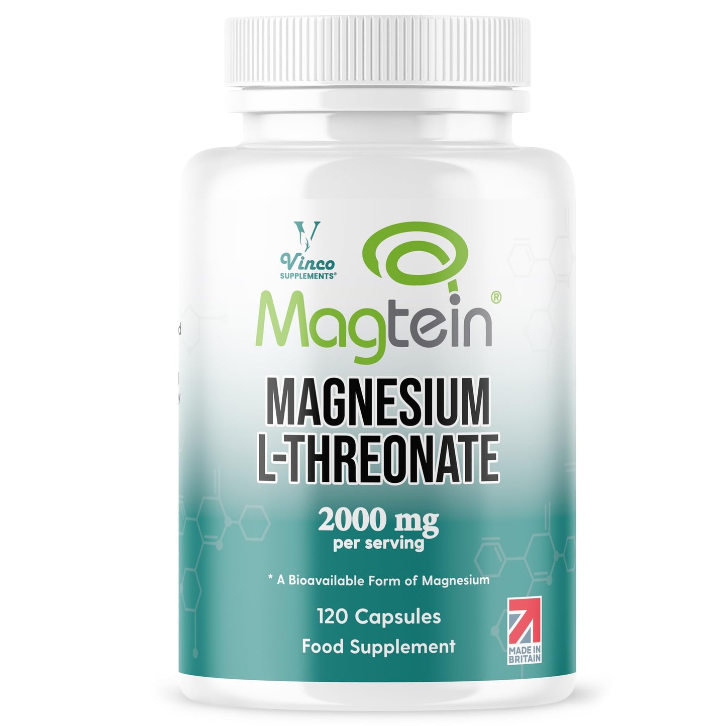 Vinco Magtein® Magnesium L-Threonate Supplement - 120 High Strength Magnesium L Threonate Capsules - 2000mg Bioavailable Form of Magnesium per Serving - Non-GMO & Gluten Free – Made in The UK