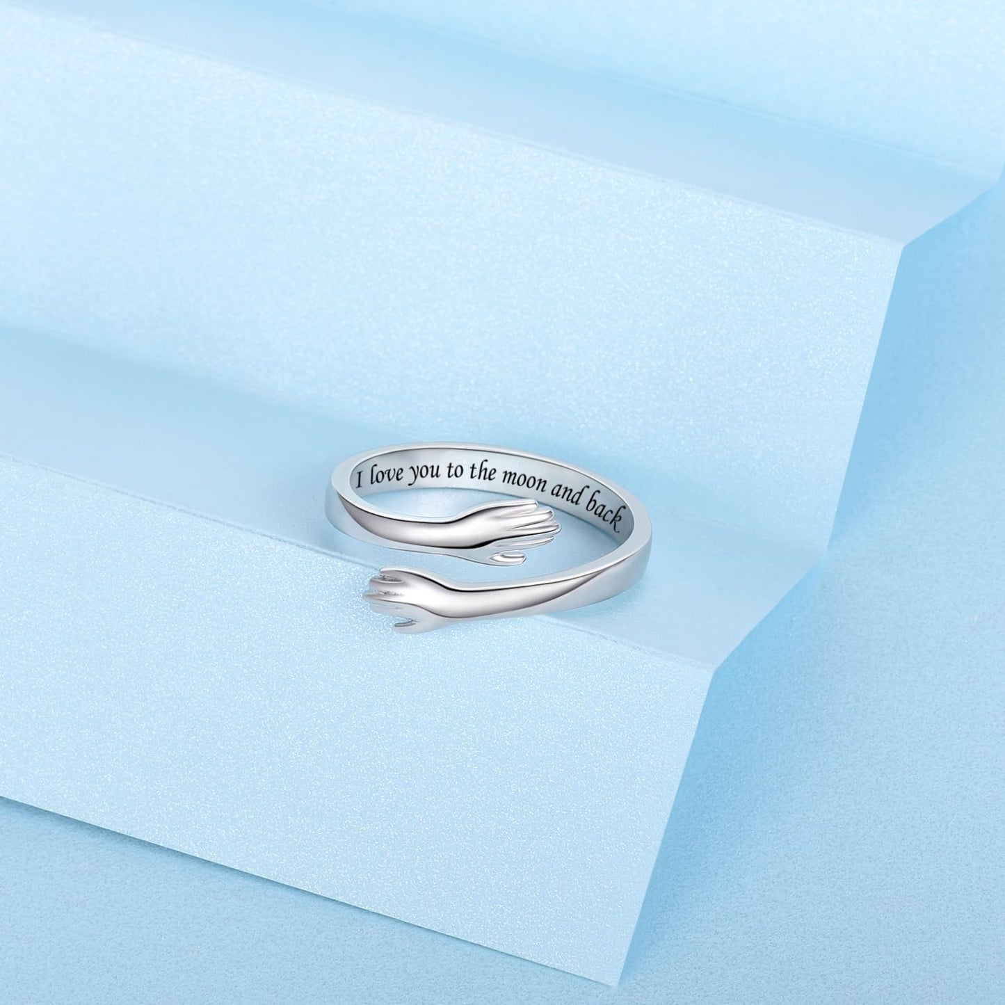 ACJFA Hug Rings for Women Sterling Silver Adjustable Ring for Women Daughter Hand Ring Jewelry for Birthday Gifts Holiday Gift (I love you to the moon and back)
