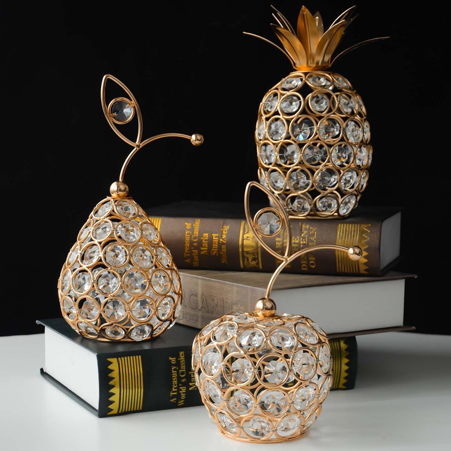 Kehail Set of 3 Elegance Crystal Metal Pineapple Pear Table Centerpiece Handmade Crystal Candlestick Hollow Fruit Ornament Home Party Wedding Holiday Decoration (Gold, Set of 3)