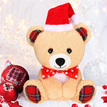 Threan 8 Inch Christmas Stuffed Animal Christmas Plush Doll with Santa Hat for Holiday Decoration Winter Gifts(Little Bear Style)