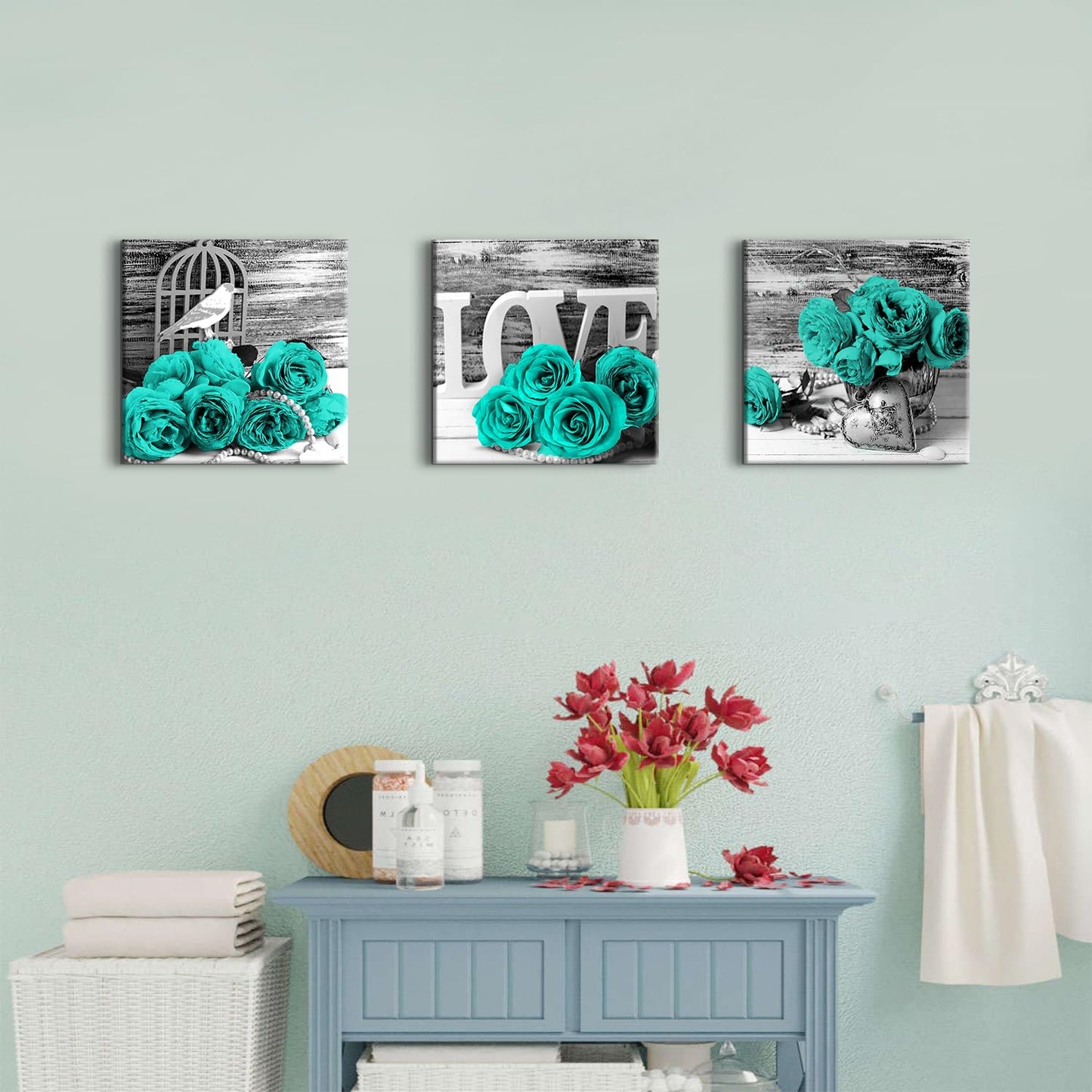 Teal Bathroom Wall Decor Turquoise Teal and Grey Rose Wall Art for Bedroom Living Room Accessories Love Sign Aqua Green Flower Pictures Floral Poster Canvas Artwork Kitchen Home Decoration 12x12" 3