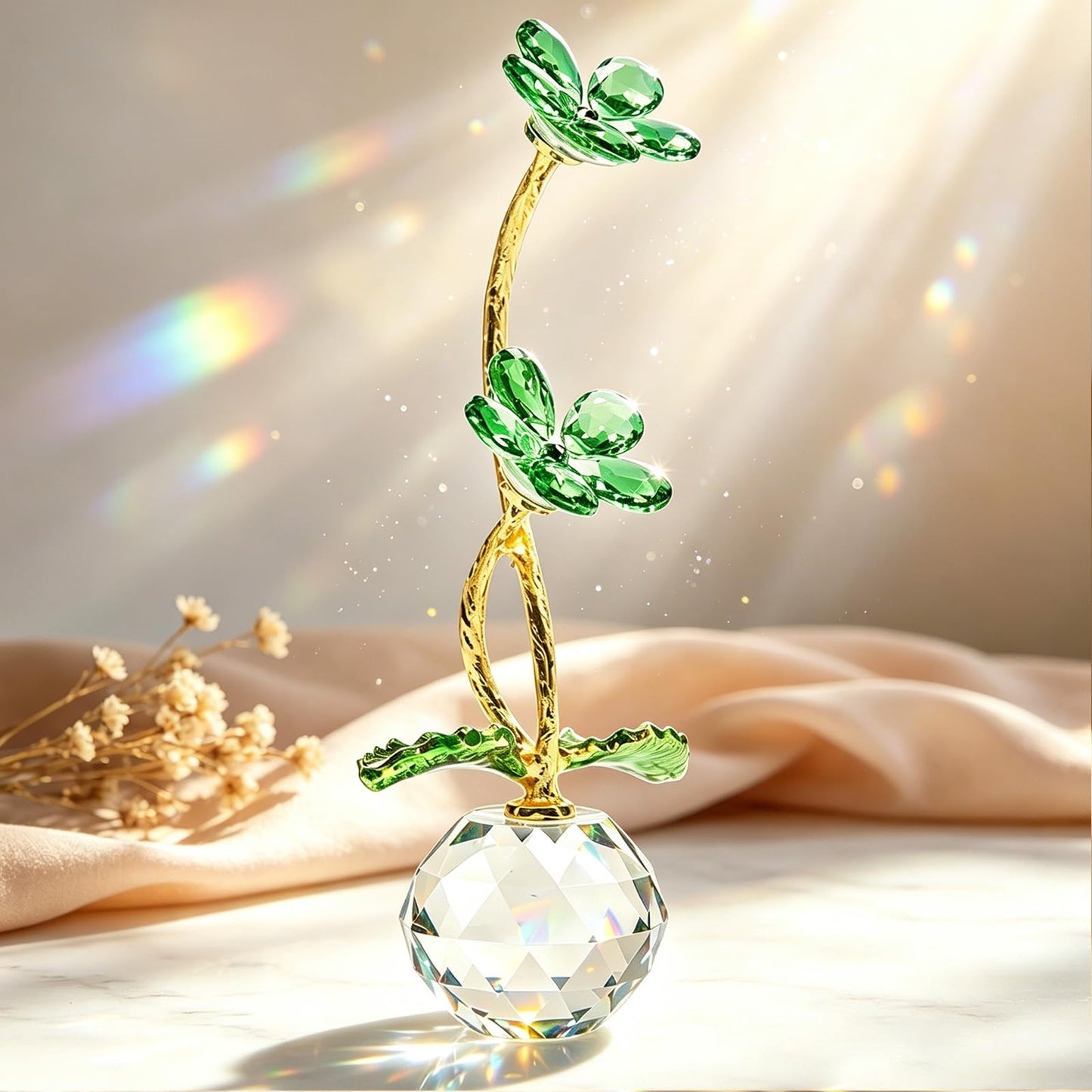 Anxingo Crystal Flower Figurine with Vase, Handmade Eternal Glass Daisy Flower with Gift Box, Romantic Collectible Gift for Women on Birthday Wedding Anniversary Christmas Home Decor(Green)