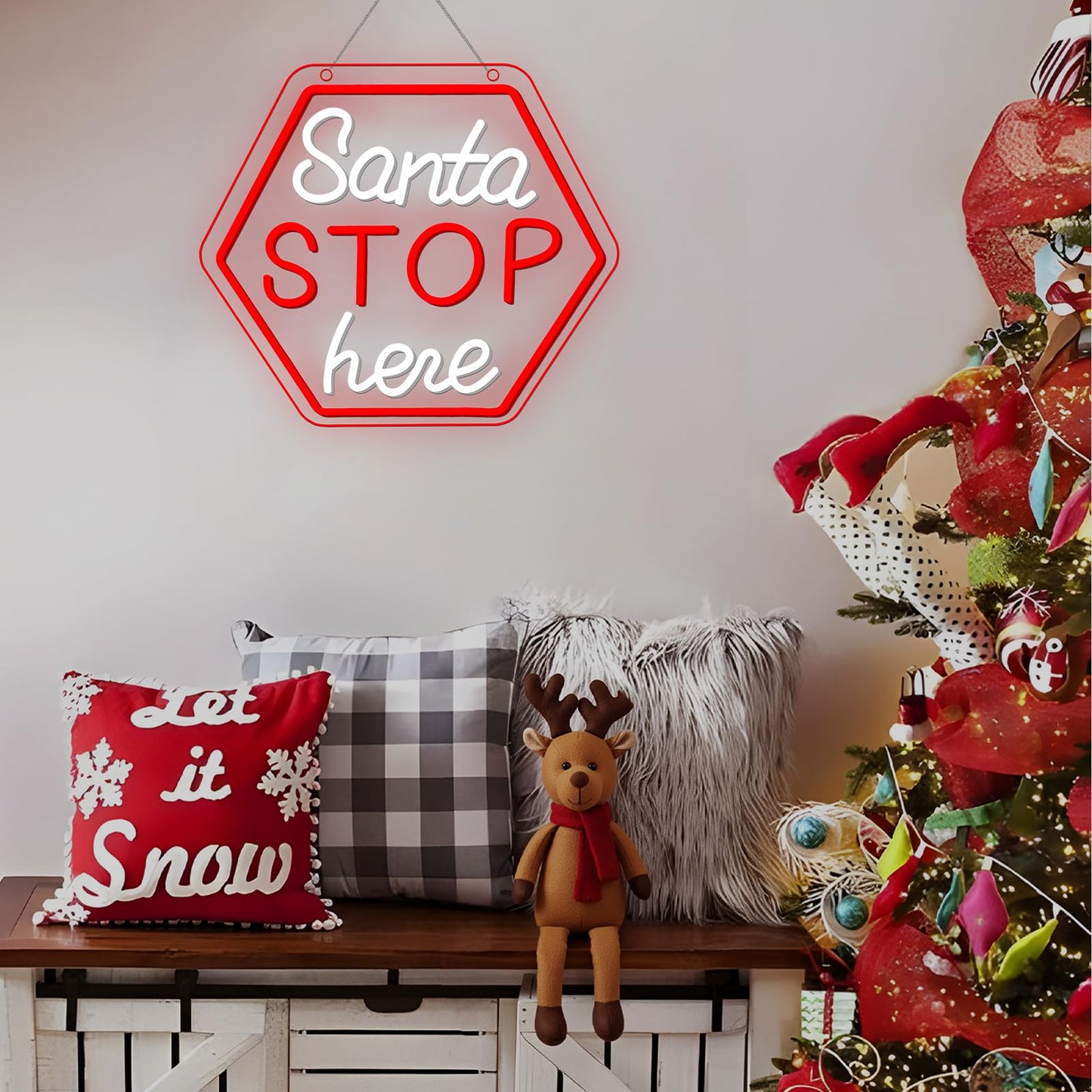 Santa Stop Here Neon Sign for Window Decor USB Powered Xmas Neon Wall Sign Festive Display Holiday Party Santa Stop Led Light for Back Drop Home Display