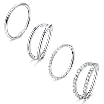 Dochais 4 Pieces Nose Ring 18G, Septum Ring Clicker, Nose Ring Stainless Steel, Septum Piercing Jewellery, Daith Piercing Hoop for Women Men Silver 8mm