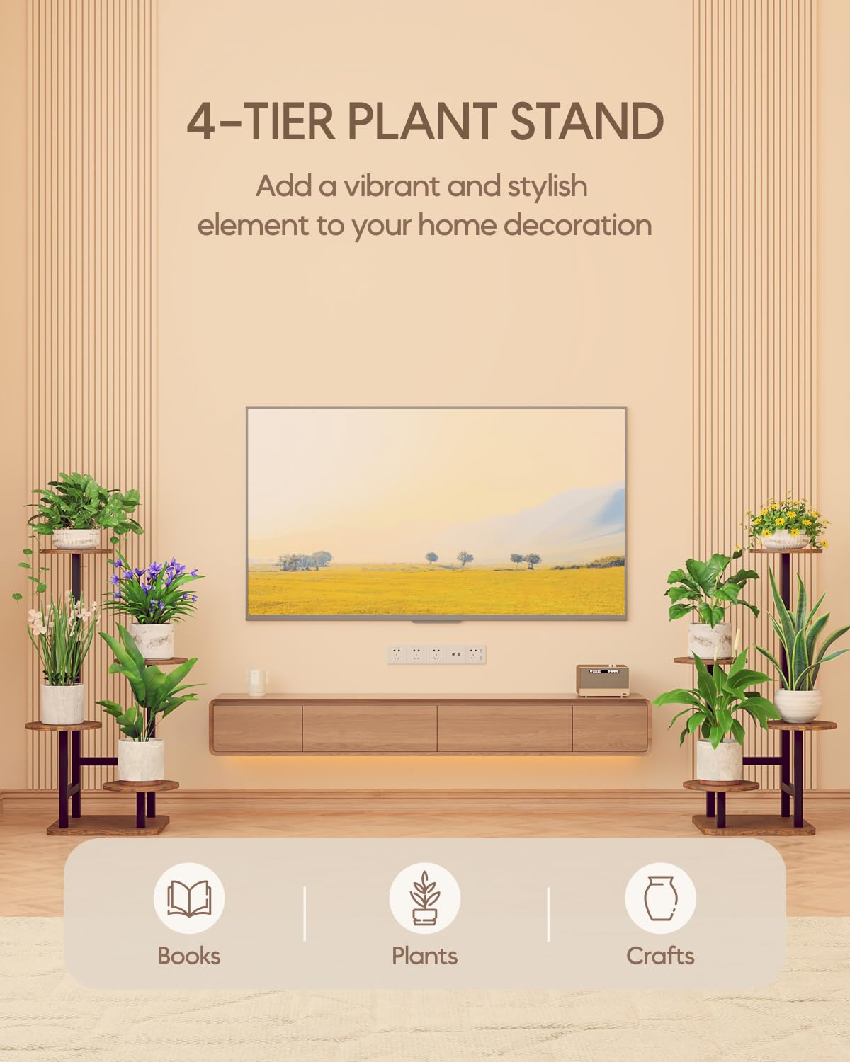 Homsorout Plant Stand Indoor - 4 Tiered Indoor Plant Stand, Metal Plant Shelf Plant Holder, Ideal for Living Room, Garden, Patio, Balcony (Black Brown)