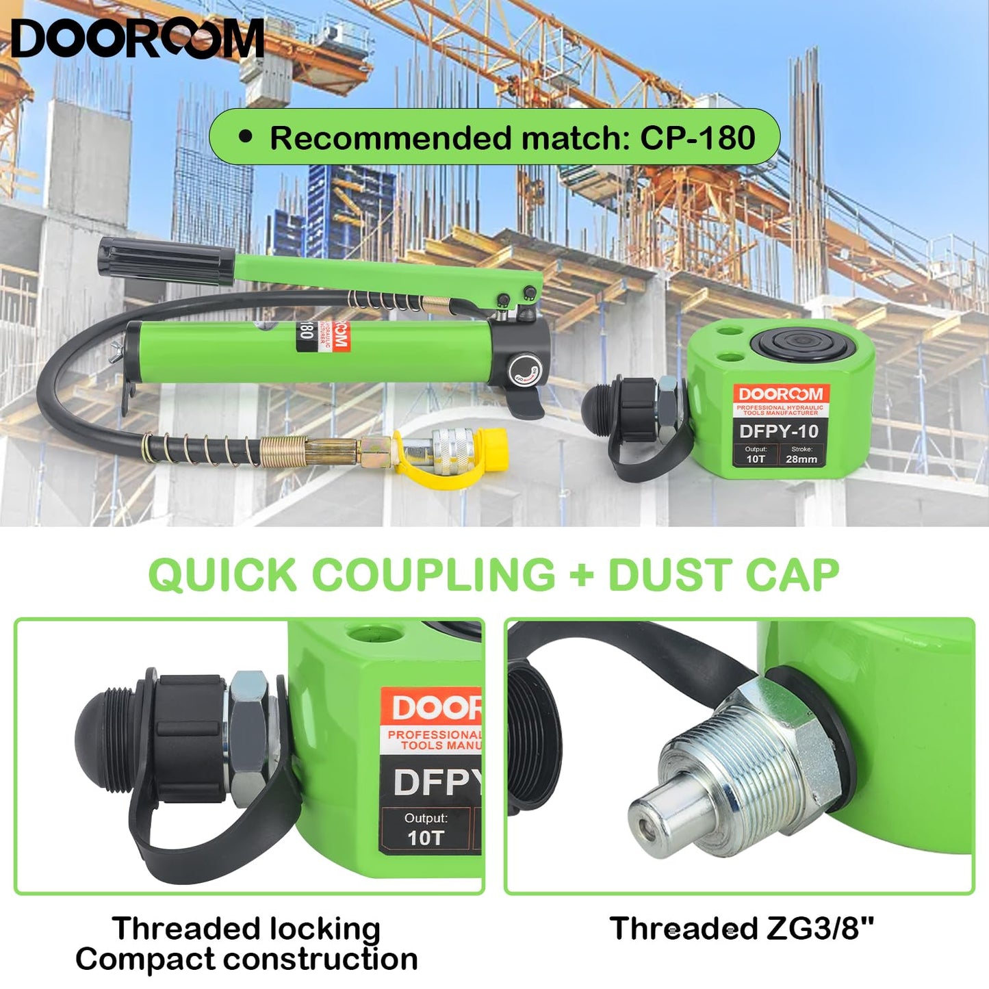 DOOROOM 10T 1.0"/26mm Stroke Portable Hydraulic Cylinder Portable Low Profile Jack Sets Multi-Acting Porta Power Ram Jack Kits Lifting Cylinder with CP-180 Hydraulic Hand Pump