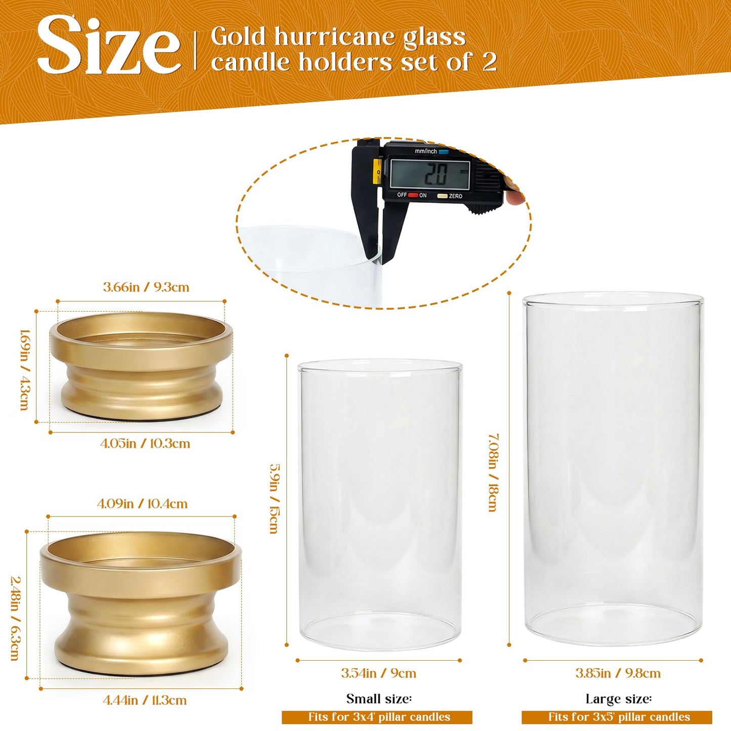 Gold Hurricane Candle Holders Set of 2 with Glass - Modern Pillar Candle Stands for Fireplace Mantel, Dining Table Centerpiece & Home Decor, 7.1" & 9" High