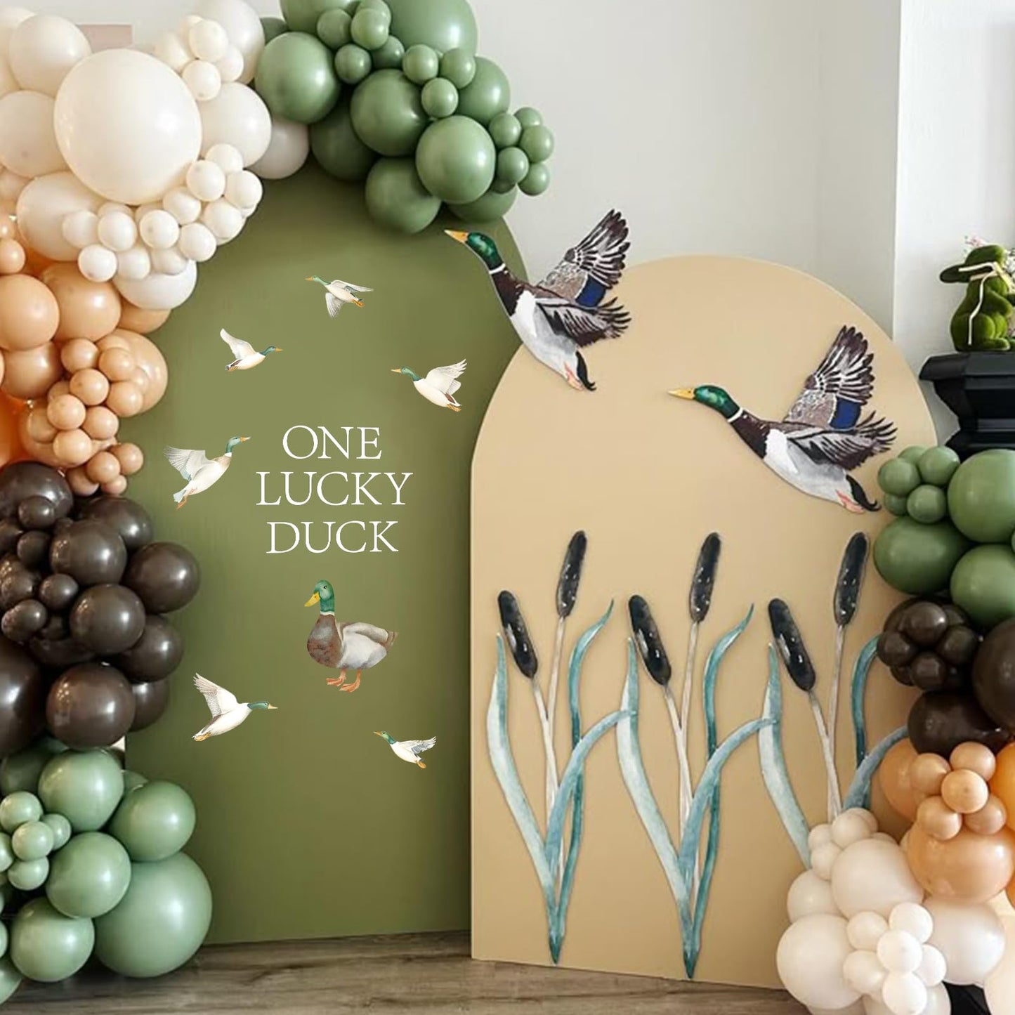 FYSUIMU One Lucky Duck First Birthday Decal Mallard Duck Backdrop Party Stickers Animal Theme 1st Birthday Sign Decal for Balloon Arch Baby Shower