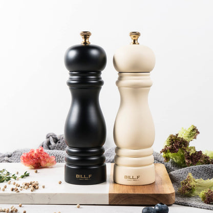 Bill.F Salt and Pepper Grinder Set, Wood Pepper Mill Set of 2 Manual Salt Pepper Shakers Grinder Refillable 7 Inch with Adjustable Ceramic Grinding Rotor（Black and Beige）