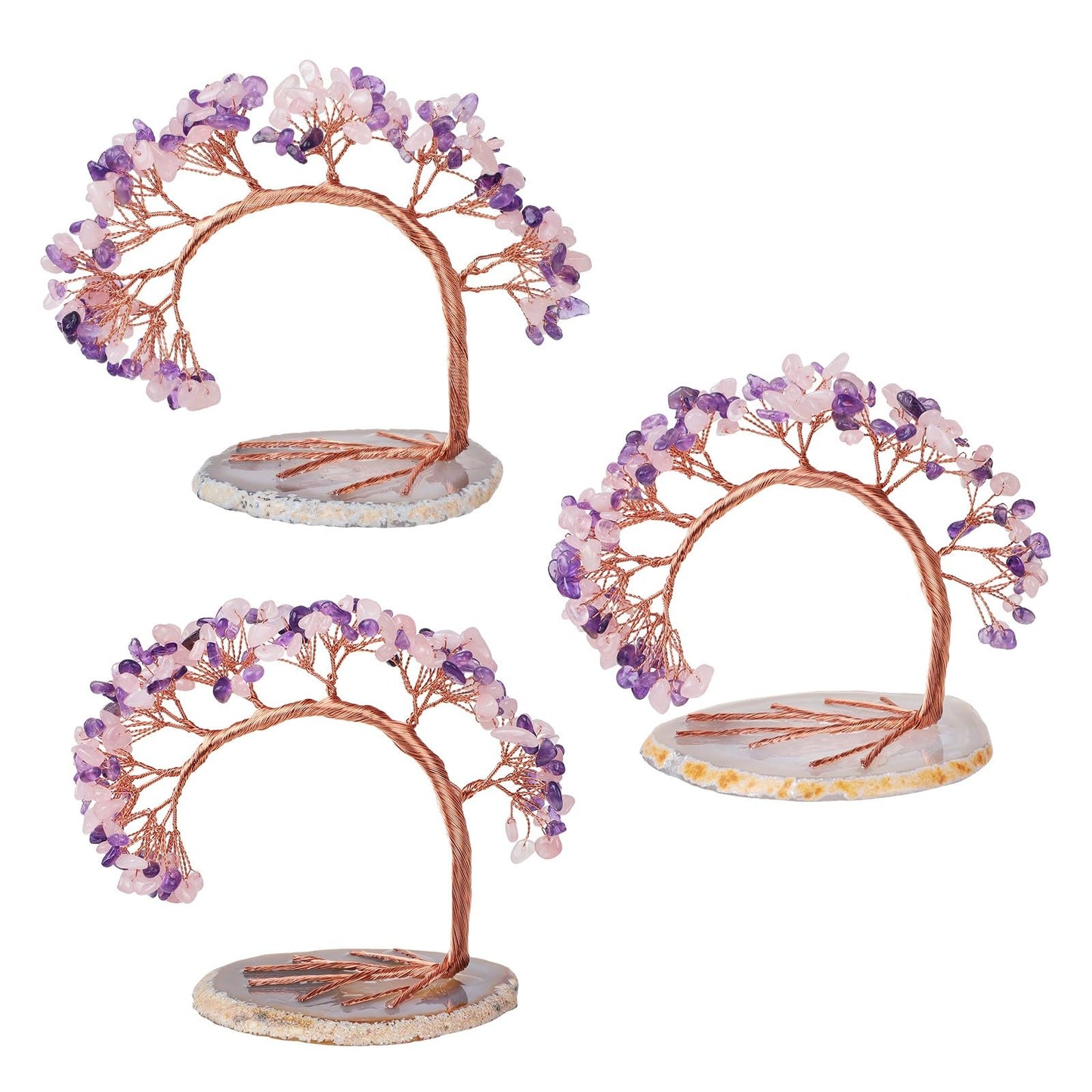 dssmboom Handmade Amethyst & Rose Quartz Crystal Tree on Agate Slice Base, Feng Shui Stone Money Tree Bonsai for Home Office Decoration, 4.5"-5.2"